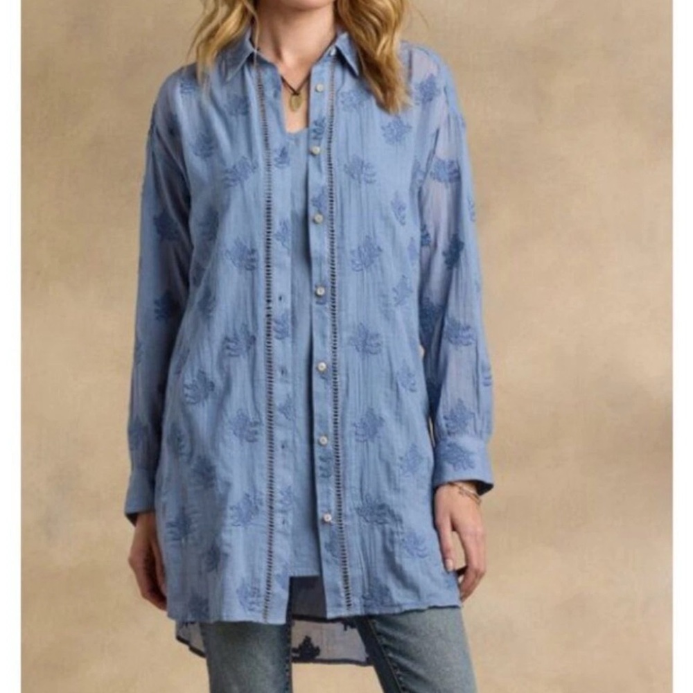 NWT Sundance Cloverfield Tunic Top Embroidered Button-Front Blue Women’s Large